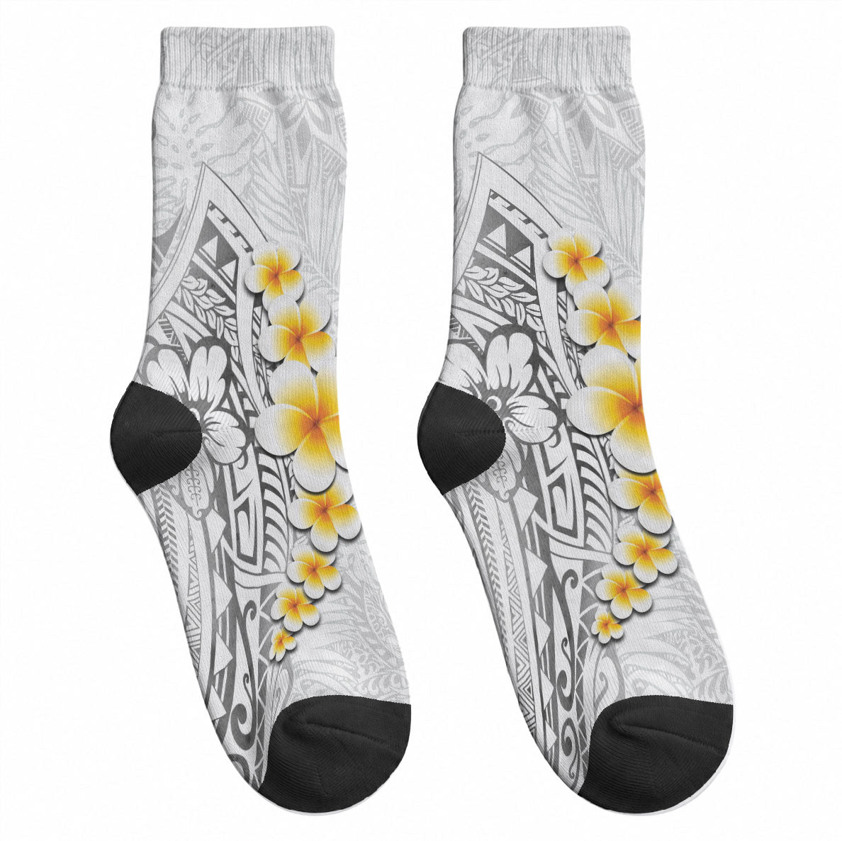 White Tropical Plumeria With Galaxy Polynesian Art Crew Socks