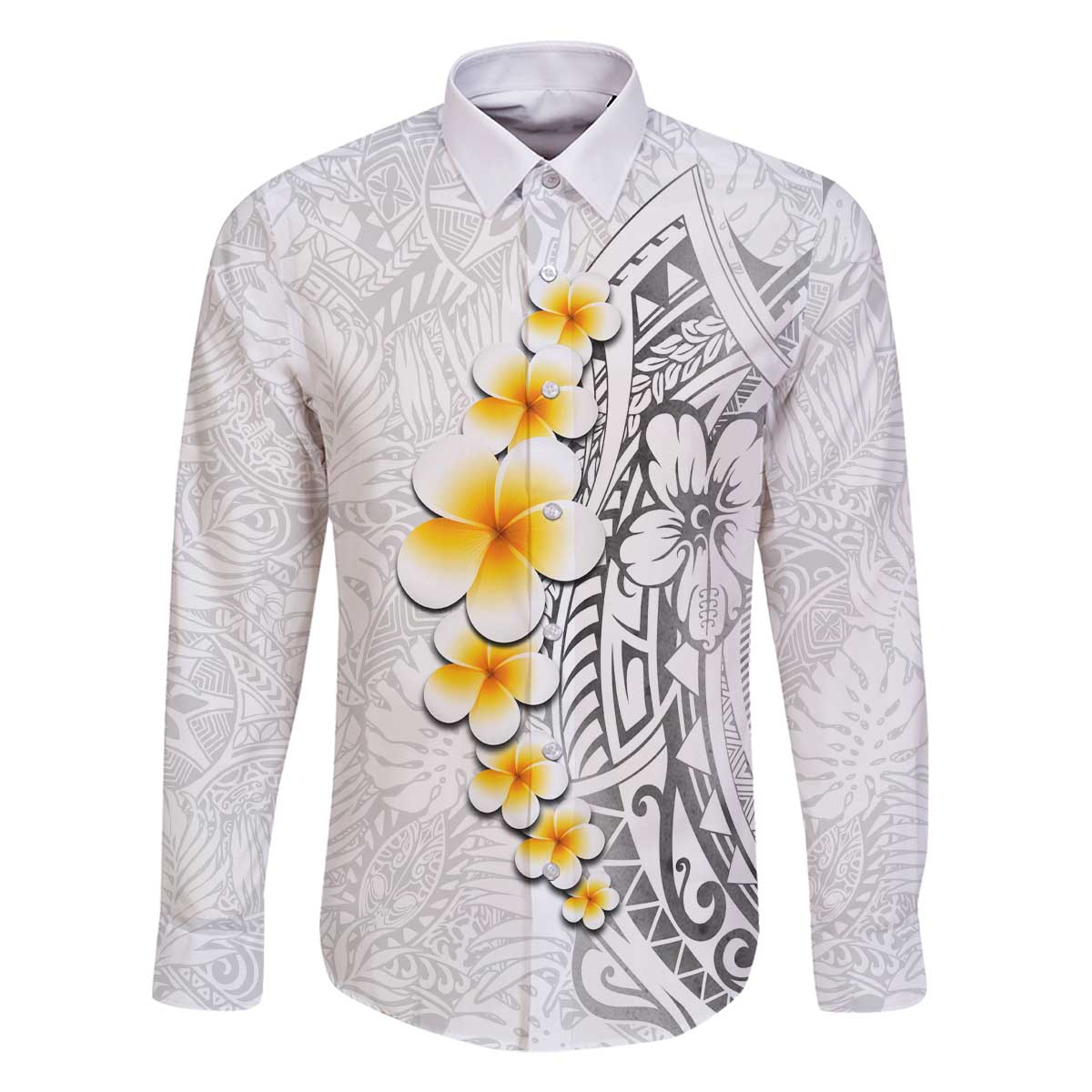 White Tropical Plumeria With Galaxy Polynesian Art Family Matching Off The Shoulder Long Sleeve Dress and Hawaiian Shirt LT14 Dad's Shirt - Long Sleeve White - Polynesian Pride