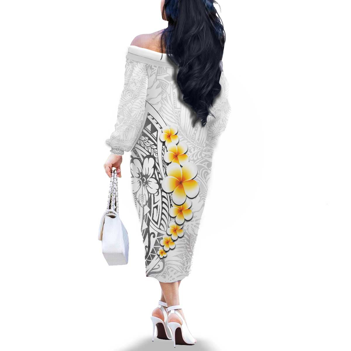 White Tropical Plumeria With Galaxy Polynesian Art Family Matching Off The Shoulder Long Sleeve Dress and Hawaiian Shirt LT14 - Polynesian Pride