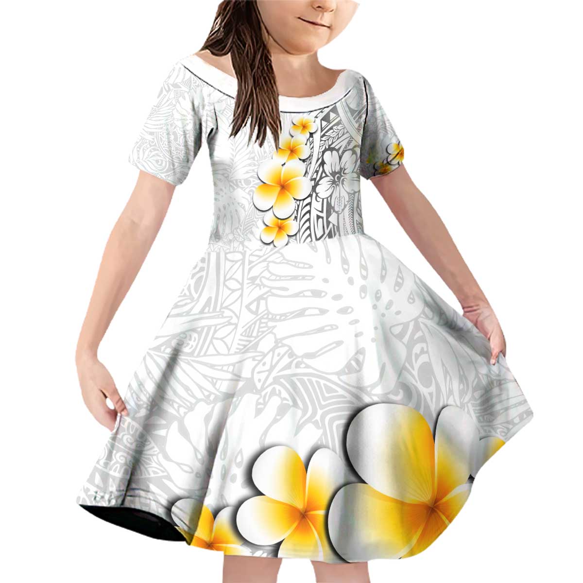 White Tropical Plumeria With Galaxy Polynesian Art Family Matching Off Shoulder Short Dress and Hawaiian Shirt LT14 Daughter's Dress White - Polynesian Pride