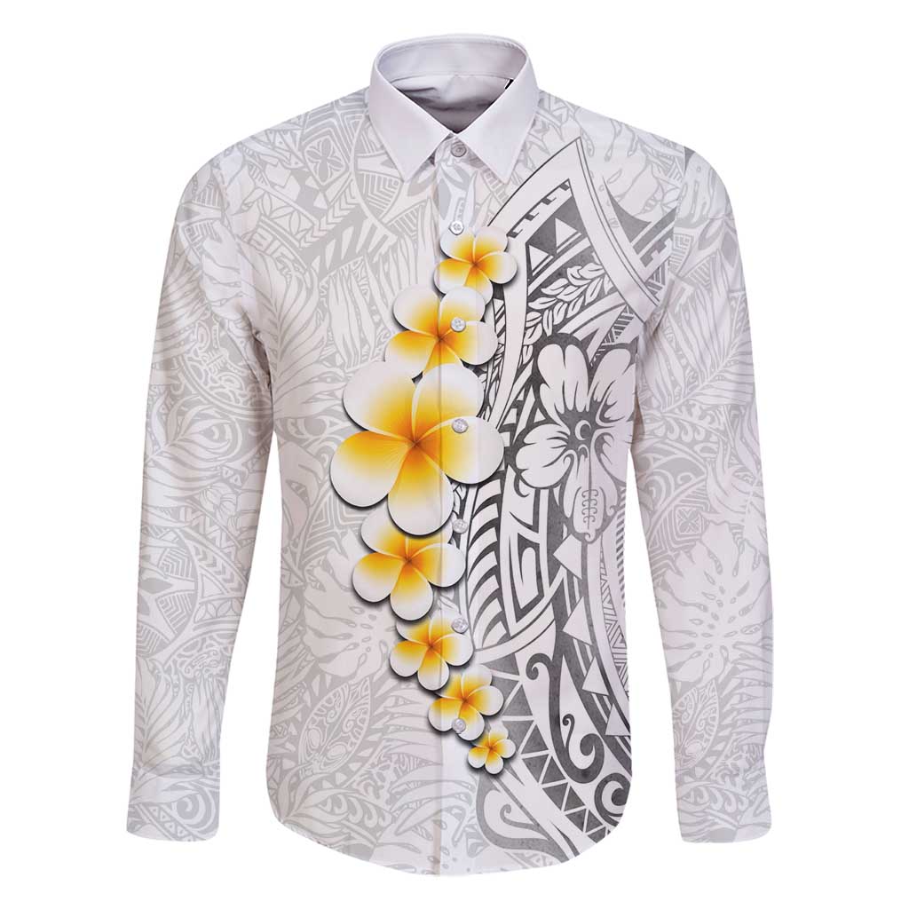 White Tropical Plumeria With Galaxy Polynesian Art Family Matching Tank Maxi Dress and Hawaiian Shirt LT14 Dad's Shirt - Long Sleeve White - Polynesian Pride