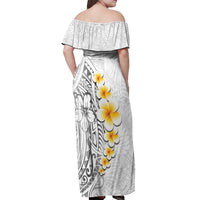 White Tropical Plumeria With Galaxy Polynesian Art Off Shoulder Maxi Dress