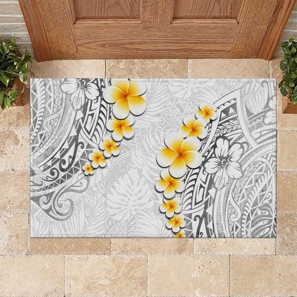 White Tropical Plumeria With Galaxy Polynesian Art Rubber Doormat