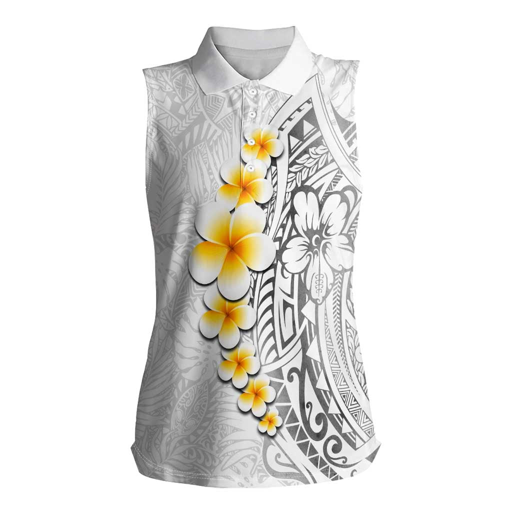 White Tropical Plumeria With Galaxy Polynesian Art Women Sleeveless Polo Shirt