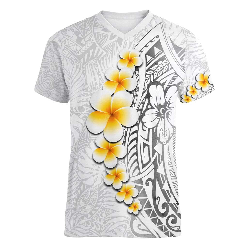 White Tropical Plumeria With Galaxy Polynesian Art Women V-Neck T-Shirt