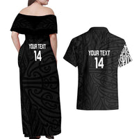 New Zealand Silver Fern Rugby Custom Couples Matching Off Shoulder Maxi Dress and Hawaiian Shirt Maori Koru Go Black Fern LT14 - Polynesian Pride