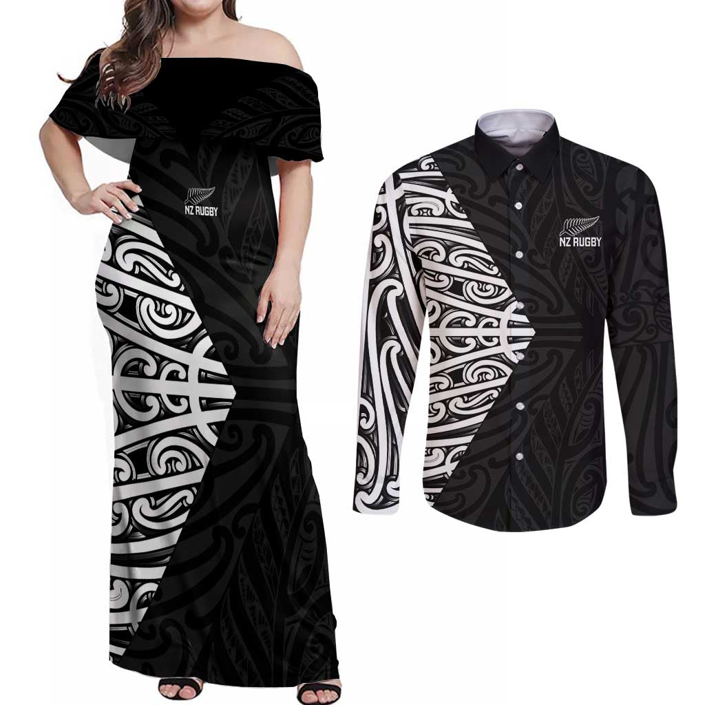 New Zealand Silver Fern Rugby Custom Couples Matching Off Shoulder Maxi Dress and Long Sleeve Button Shirt Maori Koru Go Black Fern LT14 Black - Polynesian Pride