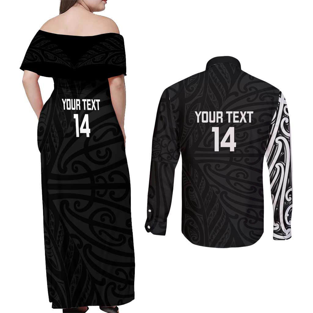New Zealand Silver Fern Rugby Custom Couples Matching Off Shoulder Maxi Dress and Long Sleeve Button Shirt Maori Koru Go Black Fern LT14 - Polynesian Pride