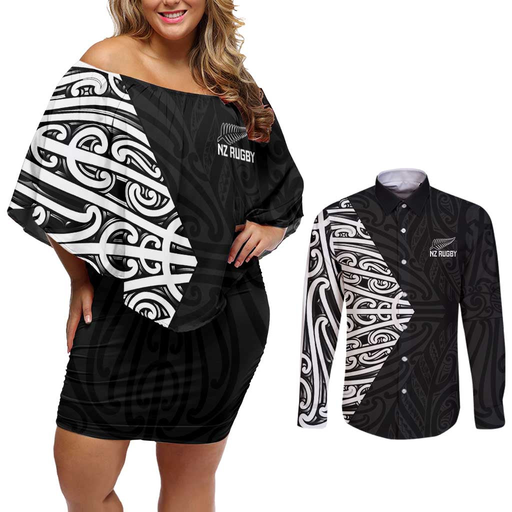New Zealand Silver Fern Rugby Custom Couples Matching Off Shoulder Short Dress and Long Sleeve Button Shirt Maori Koru Go Black Fern LT14 Black - Polynesian Pride