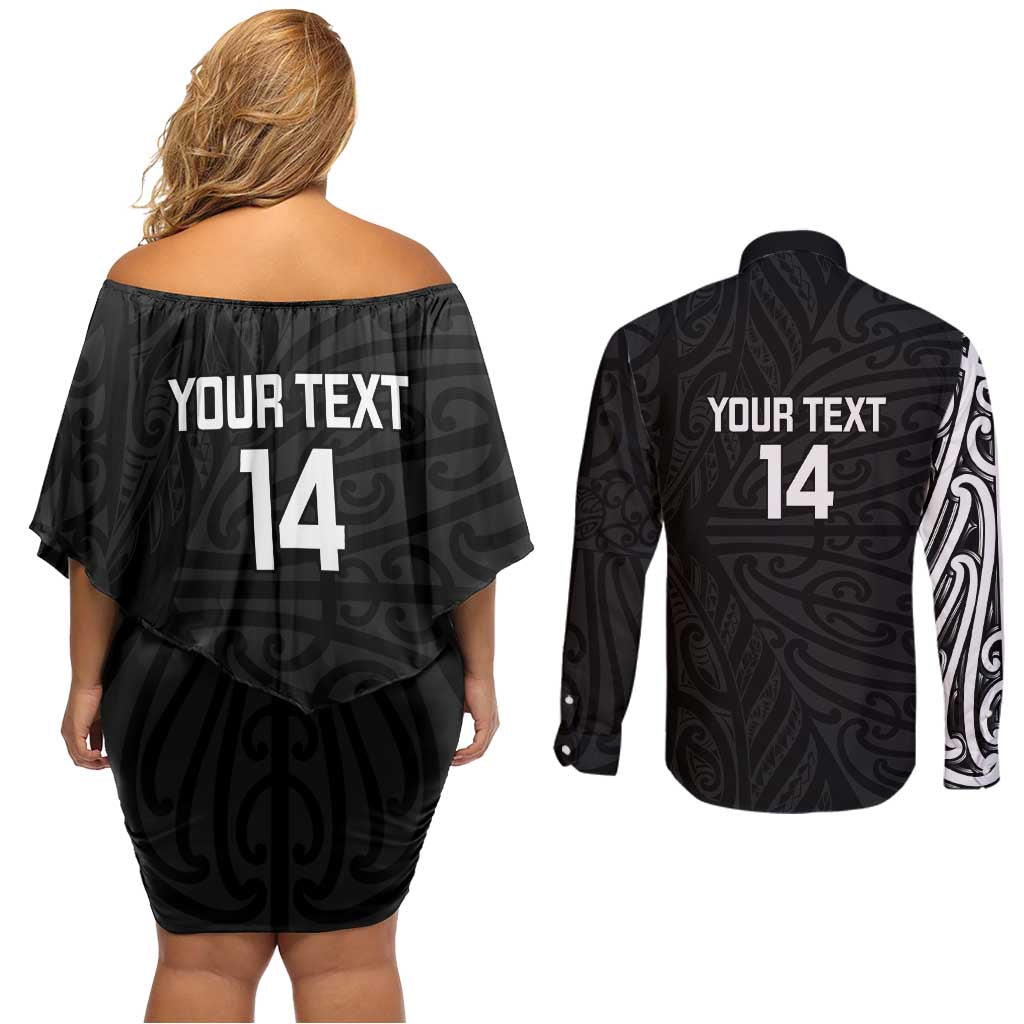 New Zealand Silver Fern Rugby Custom Couples Matching Off Shoulder Short Dress and Long Sleeve Button Shirt Maori Koru Go Black Fern LT14 - Polynesian Pride