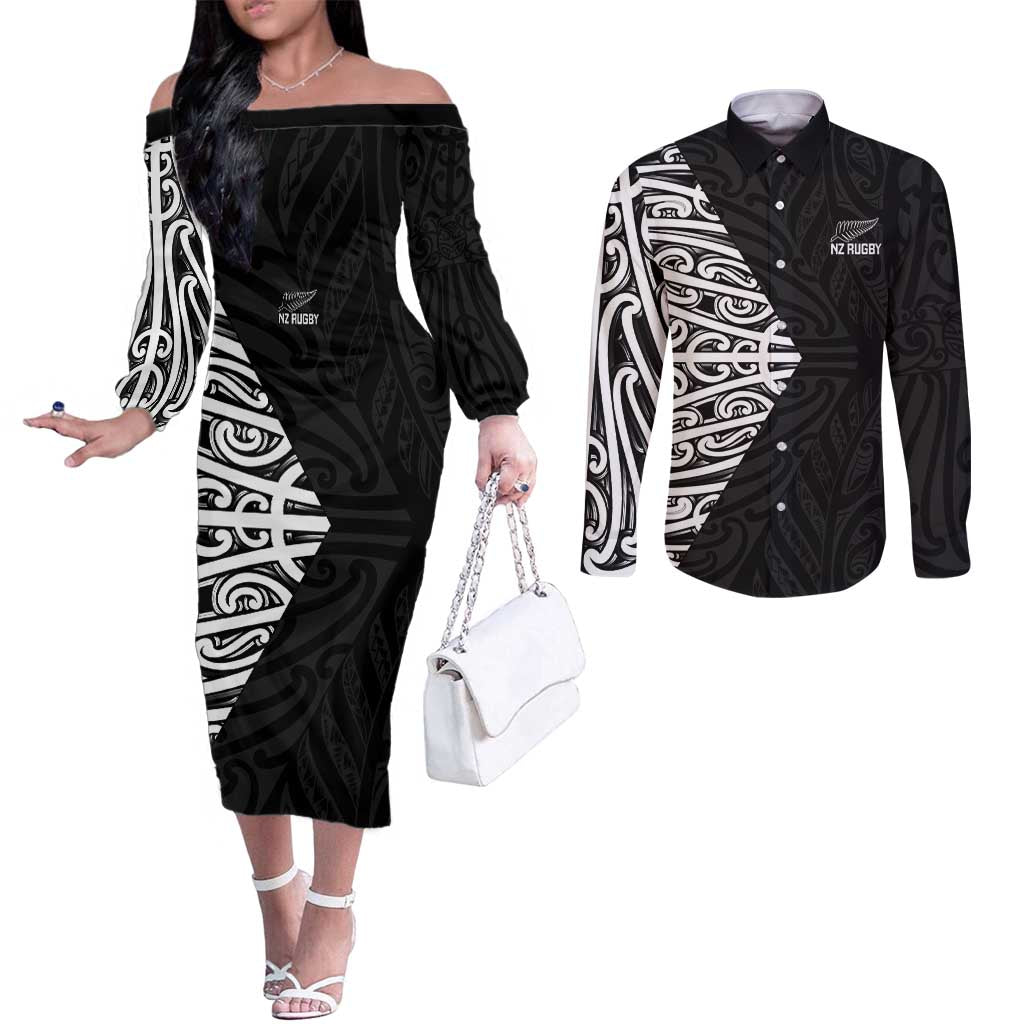 New Zealand Silver Fern Rugby Custom Couples Matching Off The Shoulder Long Sleeve Dress and Long Sleeve Button Shirt Maori Koru Go Black Fern - Polynesian Pride