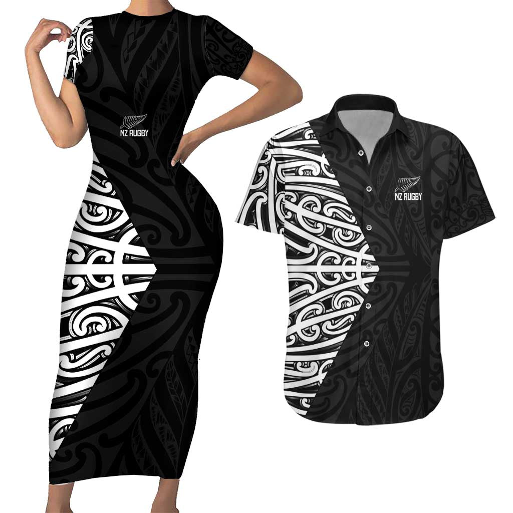 New Zealand Silver Fern Rugby Custom Couples Matching Short Sleeve Bodycon Dress and Hawaiian Shirt Maori Koru Go Black Fern - Polynesian Pride