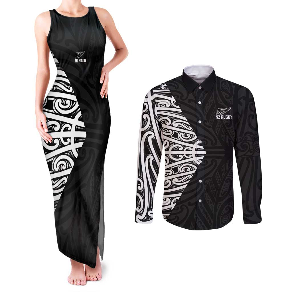 New Zealand Silver Fern Rugby Custom Couples Matching Tank Maxi Dress and Long Sleeve Button Shirt Maori Koru Go Black Fern - Polynesian Pride