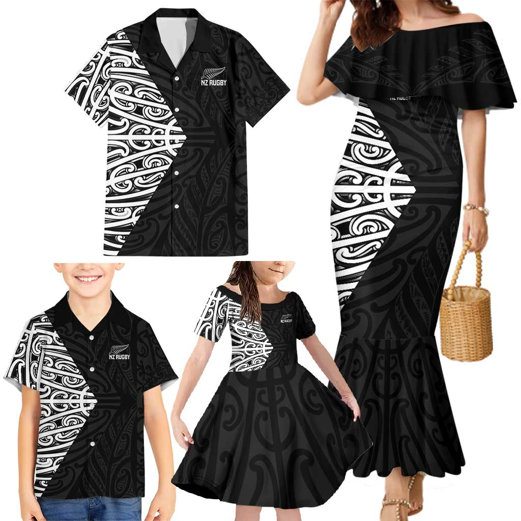 New Zealand Silver Fern Rugby Custom Family Matching Mermaid Dress and Hawaiian Shirt Maori Koru Go Black Fern - Polynesian Pride