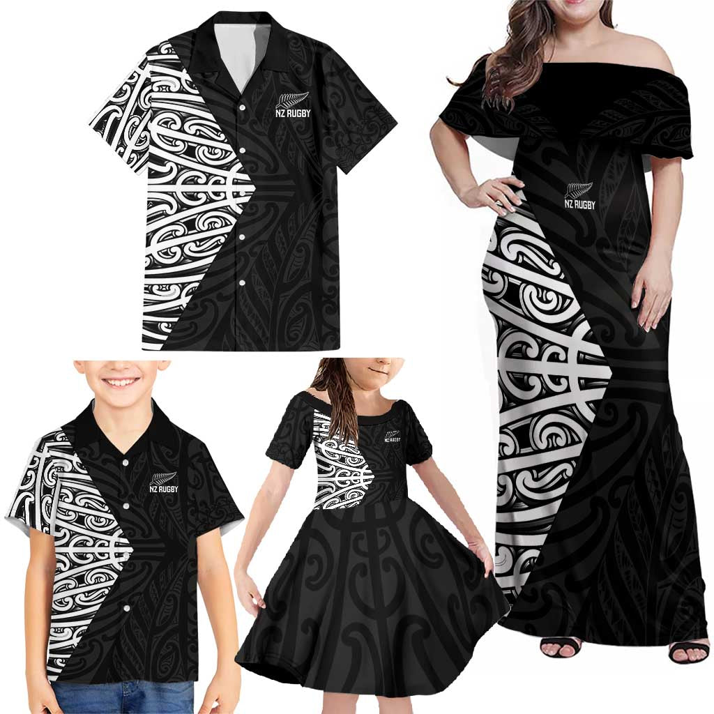 New Zealand Silver Fern Rugby Custom Family Matching Off Shoulder Maxi Dress and Hawaiian Shirt Maori Koru Go Black Fern LT14 - Polynesian Pride