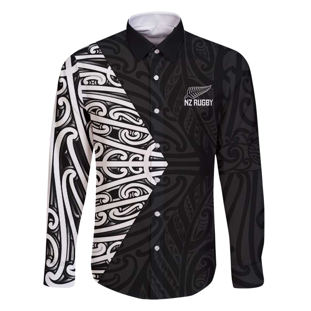New Zealand Silver Fern Rugby Custom Family Matching Off Shoulder Short Dress and Hawaiian Shirt Maori Koru Go Black Fern LT14 Dad's Shirt - Long Sleeve Black - Polynesian Pride