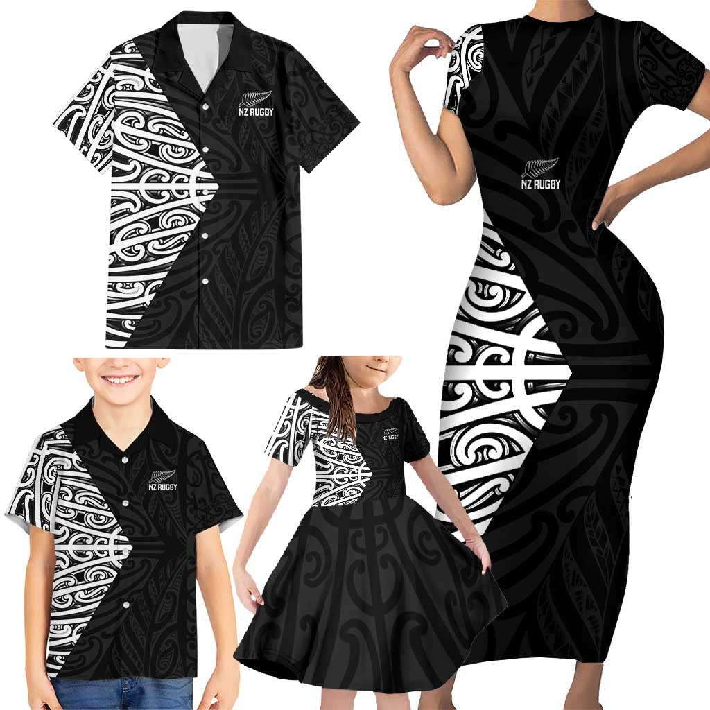 New Zealand Silver Fern Rugby Custom Family Matching Short Sleeve Bodycon Dress and Hawaiian Shirt Maori Koru Go Black Fern LT14 - Polynesian Pride