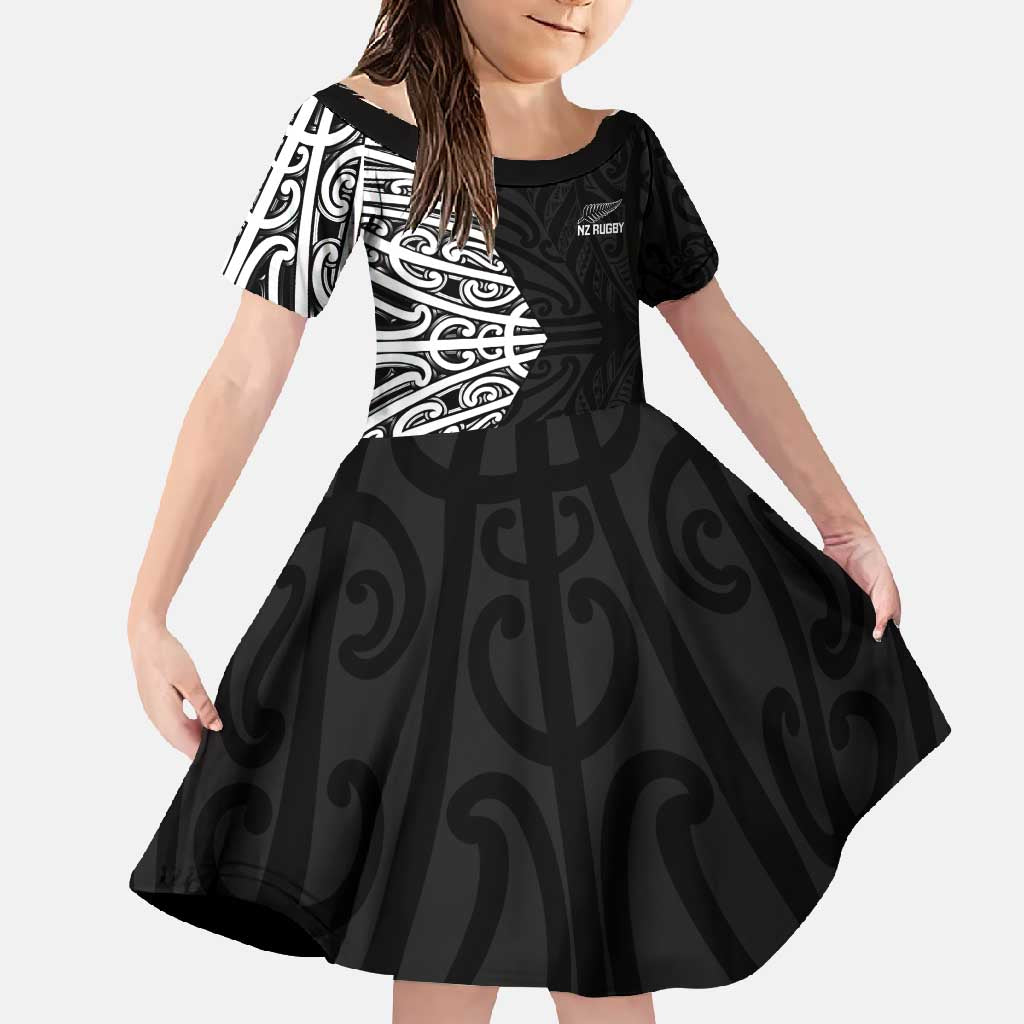 New Zealand Silver Fern Rugby Custom Family Matching Summer Maxi Dress and Hawaiian Shirt Maori Koru Go Black Fern LT14 Daughter's Dress Black - Polynesian Pride