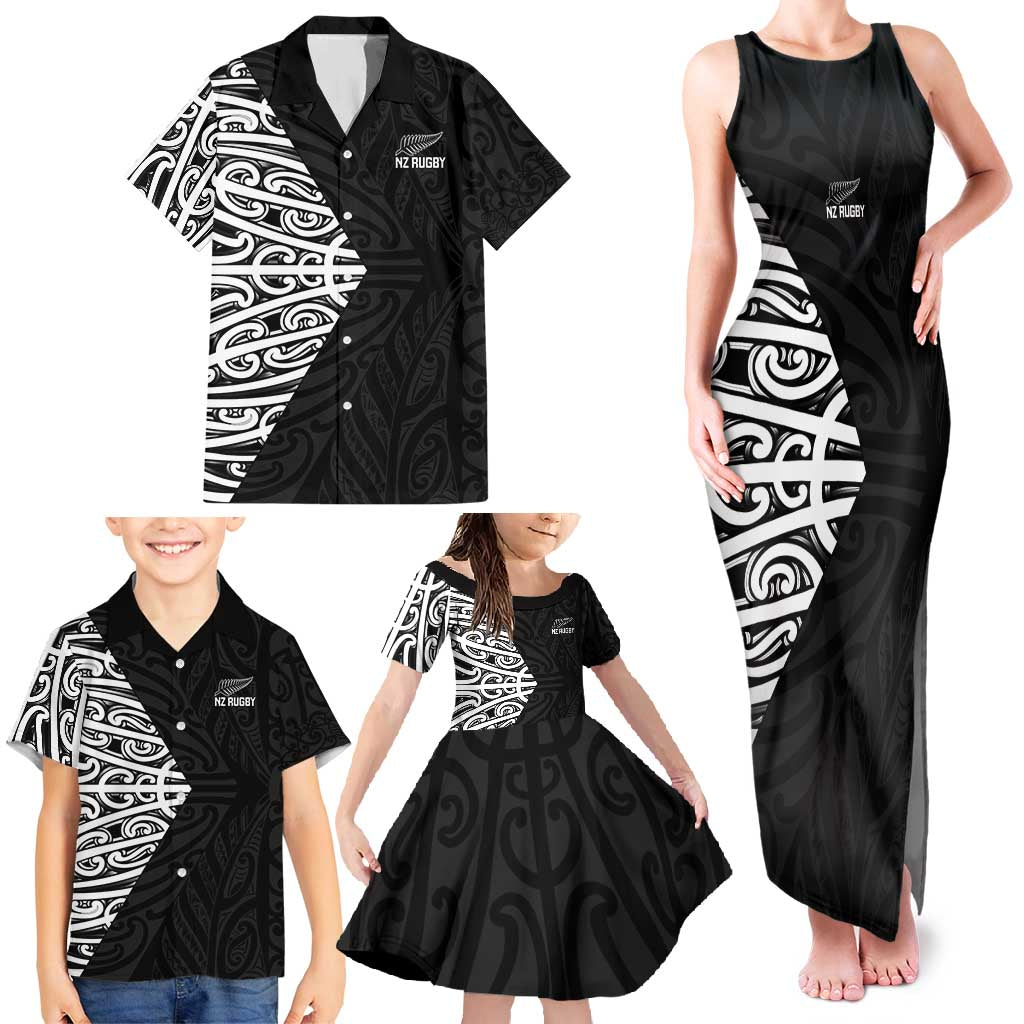 New Zealand Silver Fern Rugby Custom Family Matching Tank Maxi Dress and Hawaiian Shirt Maori Koru Go Black Fern LT14 - Polynesian Pride