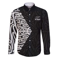 New Zealand Silver Fern Rugby Custom Family Matching Tank Maxi Dress and Hawaiian Shirt Maori Koru Go Black Fern LT14 Dad's Shirt - Long Sleeve Black - Polynesian Pride