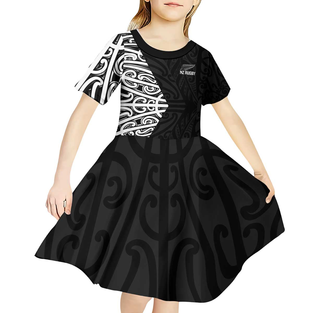 New Zealand Silver Fern Rugby Custom Kid Short Sleeve Dress Maori Koru Go Black Fern LT14 - Polynesian Pride