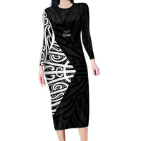 New Zealand Silver Fern Rugby Custom Long Sleeve Bodycon Dress Maori Koru Go Black Fern LT14 Long Dress Black - Polynesian Pride
