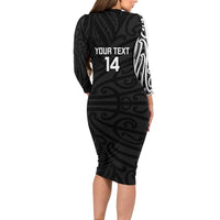 New Zealand Silver Fern Rugby Custom Long Sleeve Bodycon Dress Maori Koru Go Black Fern LT14 - Polynesian Pride