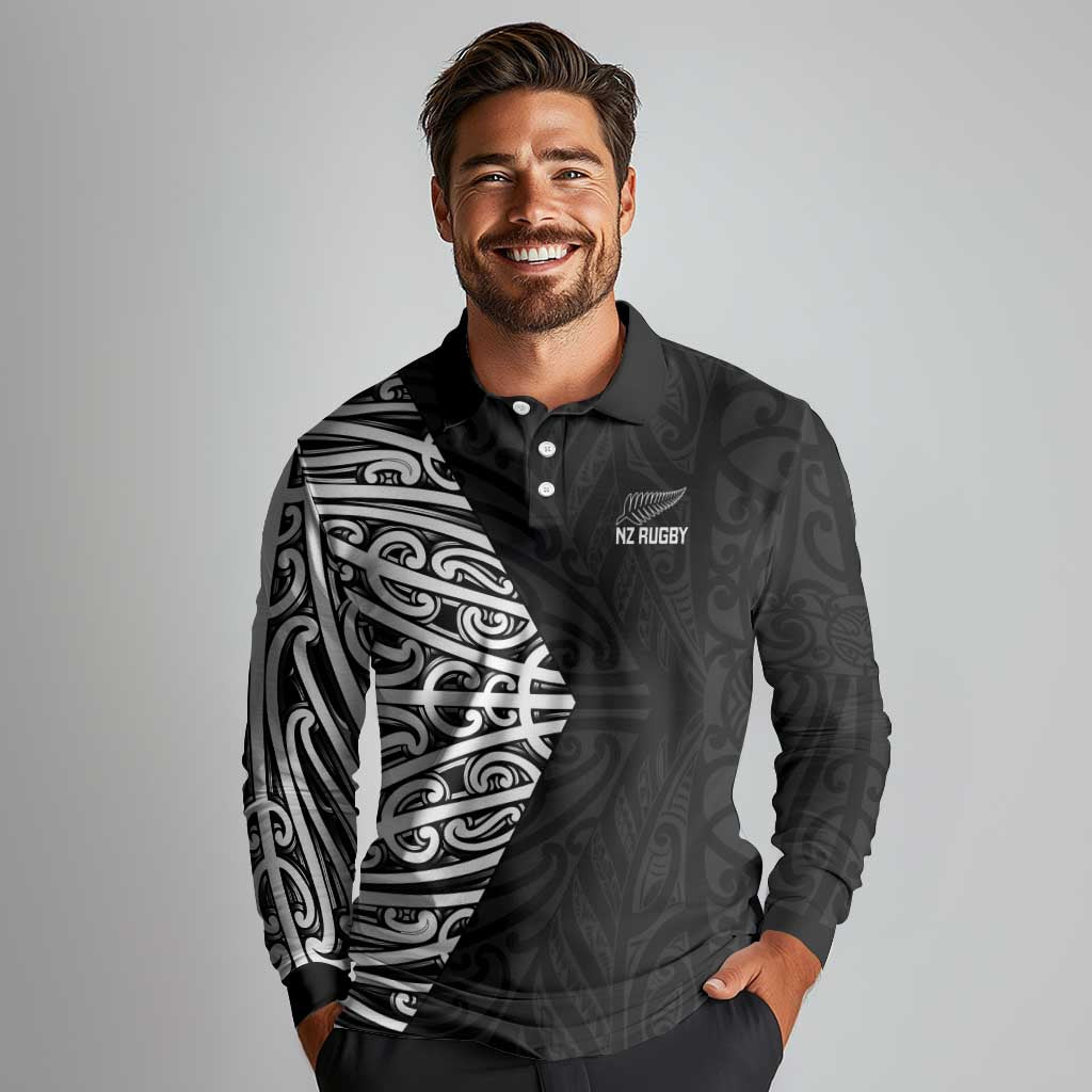 New Zealand Silver Fern Rugby Custom Long Sleeve Polo Shirt Maori Koru Go Black Fern LT14 - Polynesian Pride