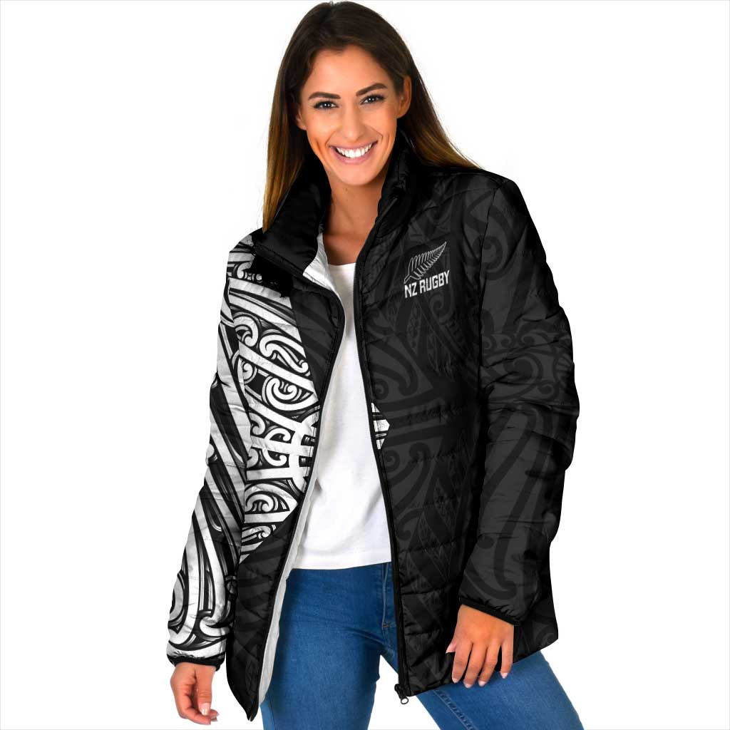 New Zealand Silver Fern Rugby Custom Padded Jacket Maori Koru Go Black Fern - Polynesian Pride