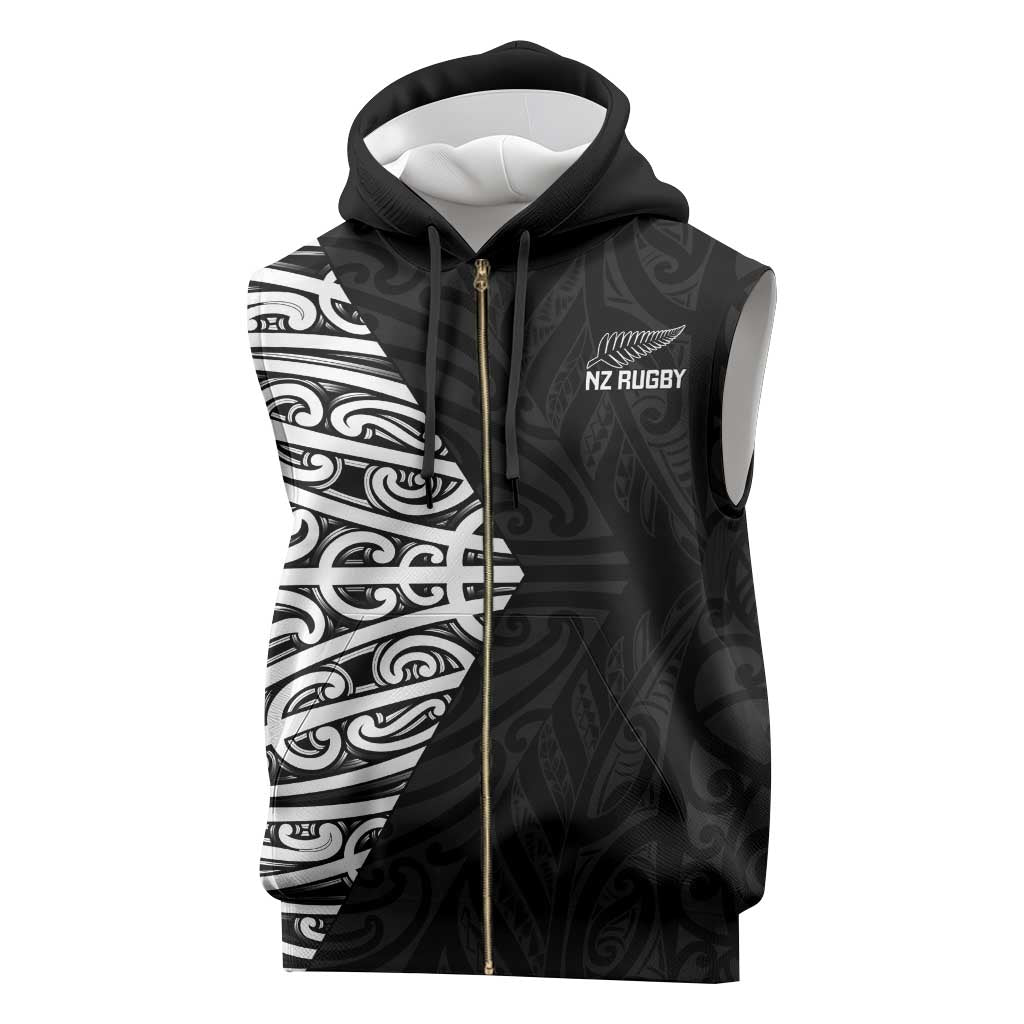New Zealand Silver Fern Rugby Custom Sleeveless Zip Hoodie Maori Koru Go Black Fern - Polynesian Pride