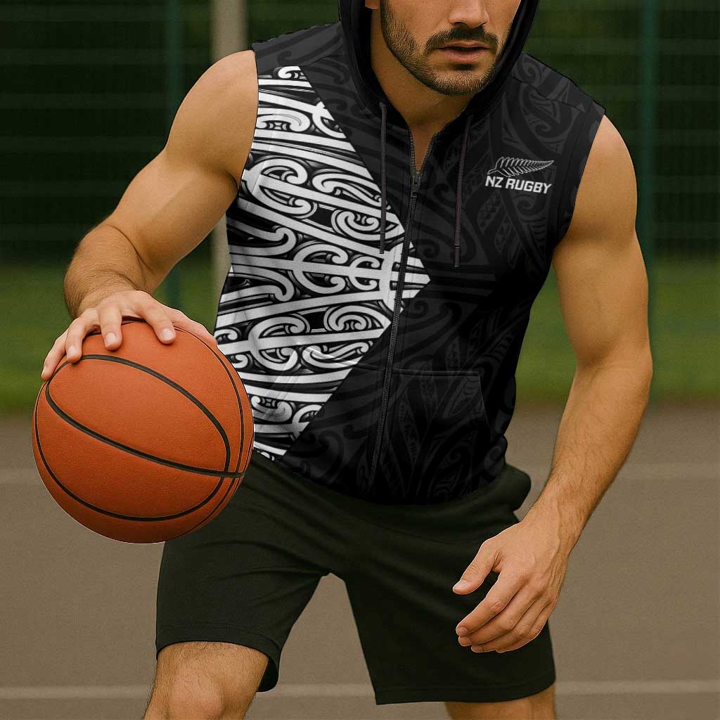 New Zealand Silver Fern Rugby Custom Sleeveless Zip Hoodie Maori Koru Go Black Fern LT14 - Polynesian Pride