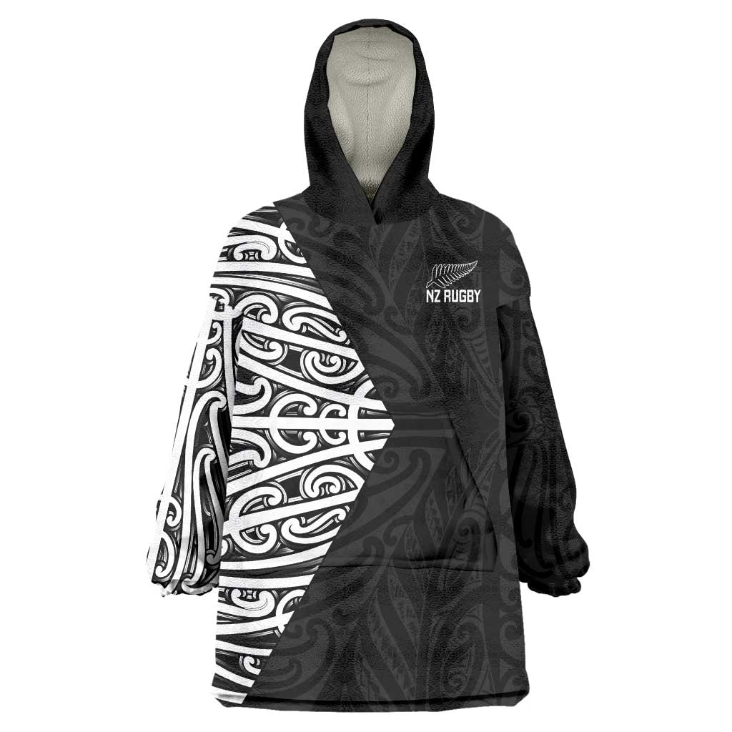 New Zealand Silver Fern Rugby Custom Wearable Blanket Hoodie Maori Koru Go Black Fern LT14 One Size Black - Polynesian Pride