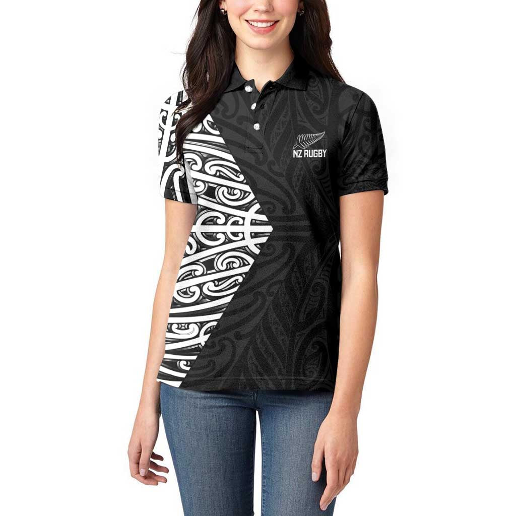 New Zealand Silver Fern Rugby Custom Women Polo Shirt Maori Koru Go Black Fern LT14 - Polynesian Pride
