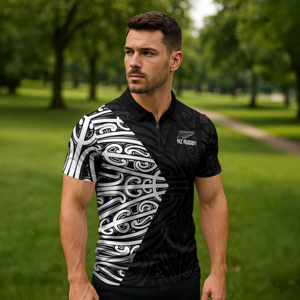 New Zealand Silver Fern Rugby Custom Zipper Polo Shirt Maori Koru Go Black Fern LT14 - Polynesian Pride