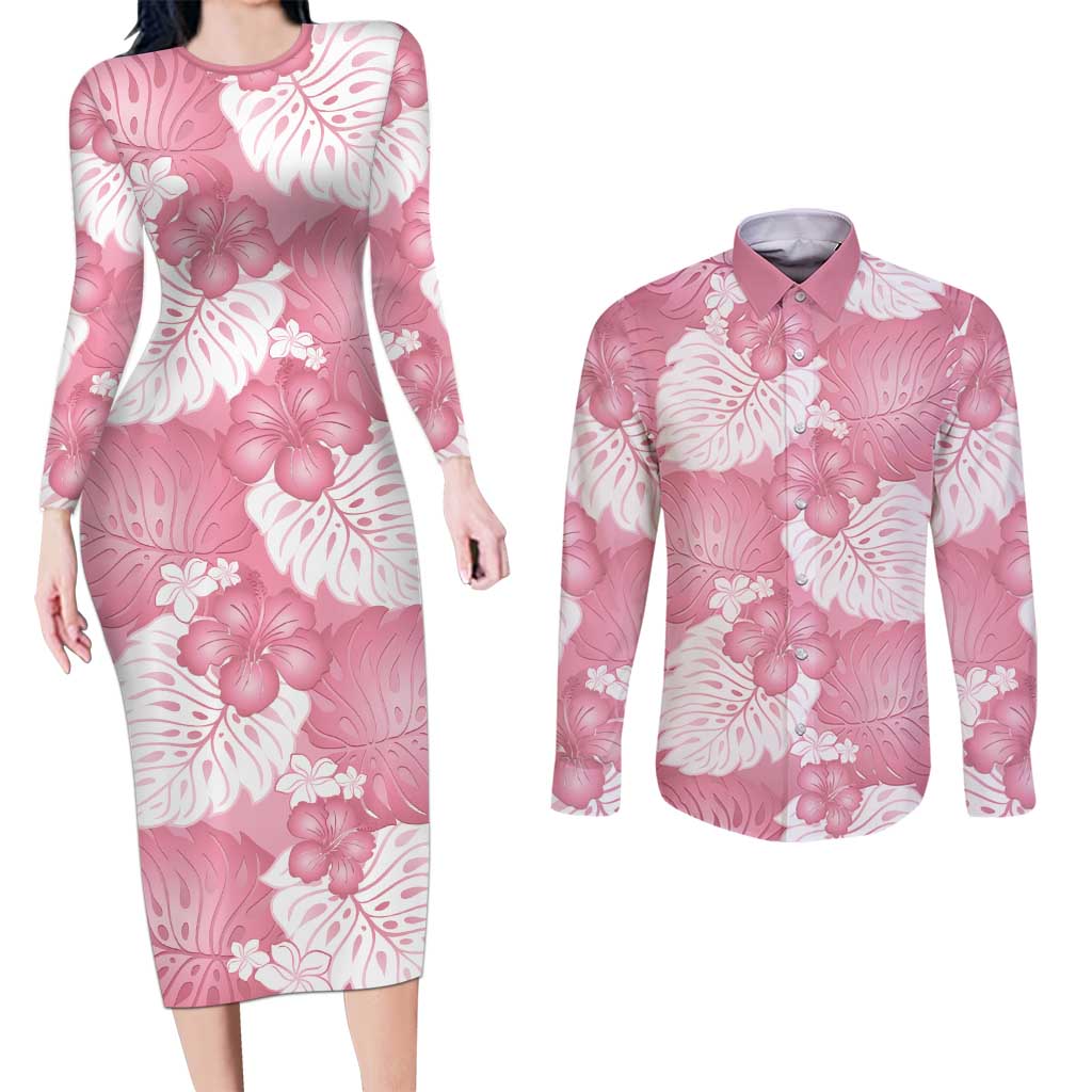 Pink Aloha Hawaii Couples Matching Long Sleeve Bodycon Dress and Long Sleeve Button Shirt Monstera Hibiscus Plumeria Seamless Vibes - Polynesian Pride