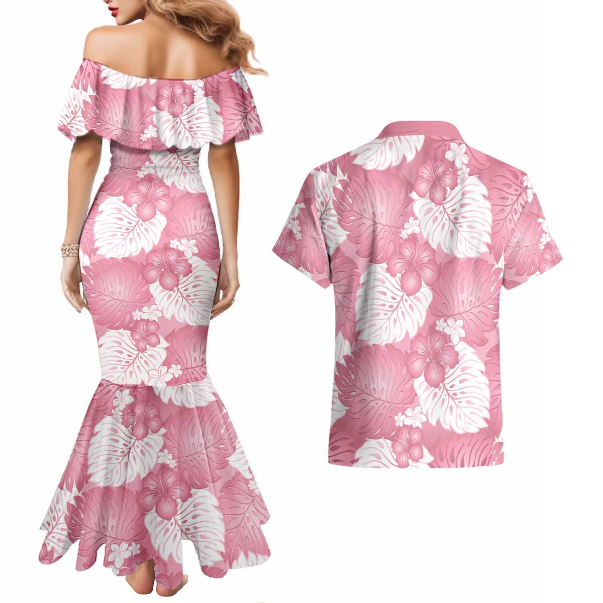 Pink Aloha Hawaii Couples Matching Mermaid Dress and Hawaiian Shirt Monstera Hibiscus Plumeria Seamless Vibes - Polynesian Pride