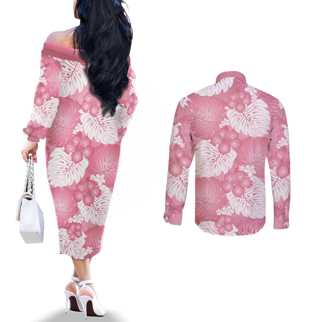 Pink Aloha Hawaii Couples Matching Off The Shoulder Long Sleeve Dress and Long Sleeve Button Shirt Monstera Hibiscus Plumeria Seamless Vibes - Polynesian Pride