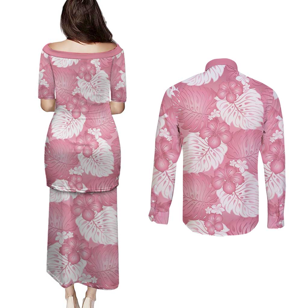 Pink Aloha Hawaii Couples Matching Puletasi and Long Sleeve Button Shirt Monstera Hibiscus Plumeria Seamless Vibes - Polynesian Pride