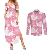 Pink Aloha Hawaii Couples Matching Summer Maxi Dress and Long Sleeve Button Shirt Monstera Hibiscus Plumeria Seamless Vibes - Polynesian Pride