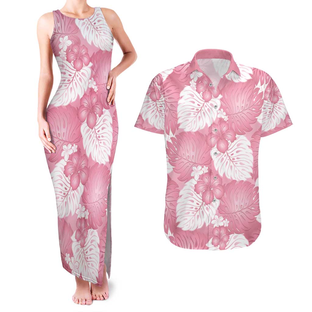 Pink Aloha Hawaii Couples Matching Tank Maxi Dress and Hawaiian Shirt Monstera Hibiscus Plumeria Seamless Vibes - Polynesian Pride