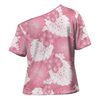 Pink Aloha Hawaii Cross Shoulder Shirt Monstera Hibiscus Plumeria Seamless Vibes - Polynesian Pride