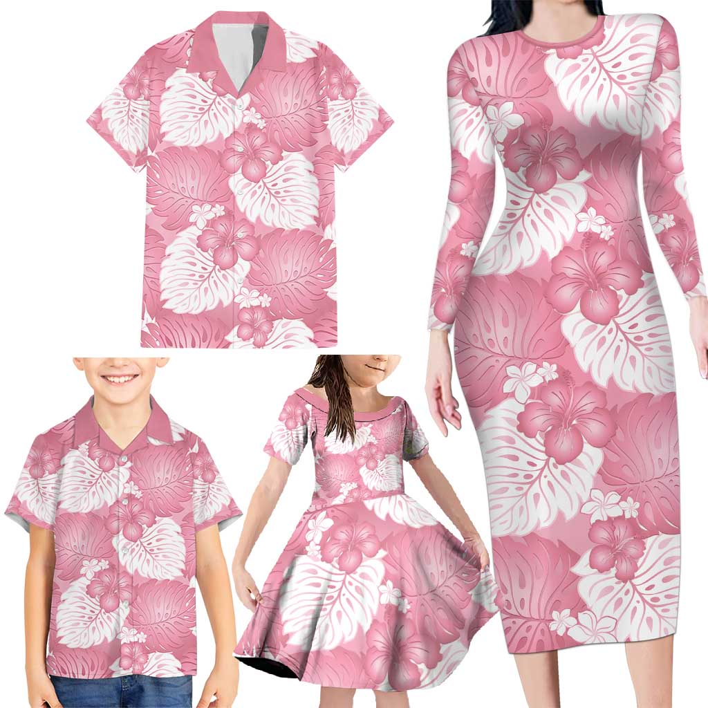 Pink Aloha Hawaii Family Matching Long Sleeve Bodycon Dress and Hawaiian Shirt Monstera Hibiscus Plumeria Seamless Vibes LT14 - Polynesian Pride
