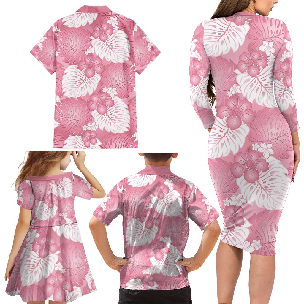 Pink Aloha Hawaii Family Matching Long Sleeve Bodycon Dress and Hawaiian Shirt Monstera Hibiscus Plumeria Seamless Vibes LT14 - Polynesian Pride