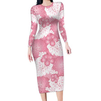 Pink Aloha Hawaii Family Matching Long Sleeve Bodycon Dress and Hawaiian Shirt Monstera Hibiscus Plumeria Seamless Vibes LT14 Mom's Dress Pink - Polynesian Pride