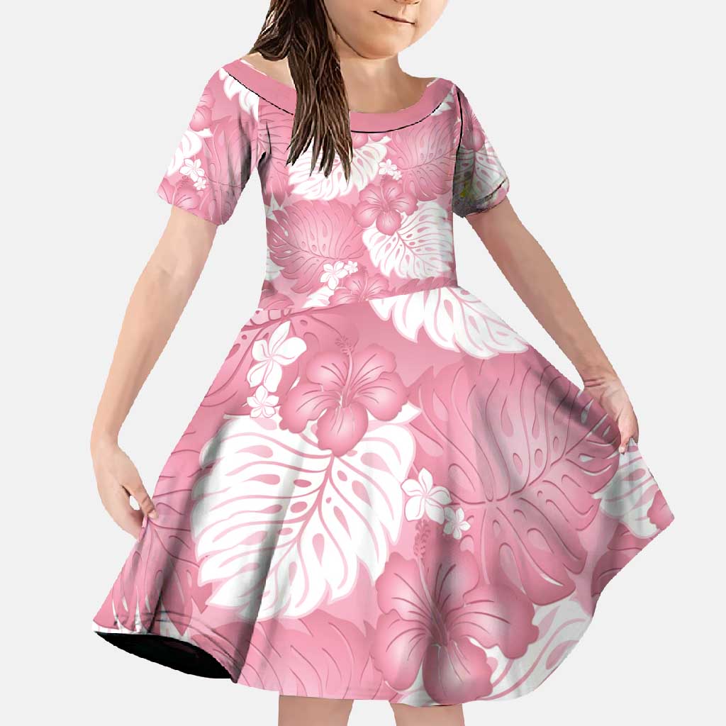 Pink Aloha Hawaii Family Matching Off Shoulder Maxi Dress and Hawaiian Shirt Monstera Hibiscus Plumeria Seamless Vibes LT14 Daughter's Dress Pink - Polynesian Pride