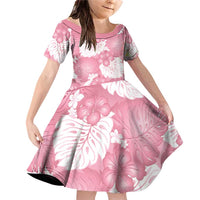 Pink Aloha Hawaii Family Matching Off Shoulder Short Dress and Hawaiian Shirt Monstera Hibiscus Plumeria Seamless Vibes LT14 Daughter's Dress Pink - Polynesian Pride