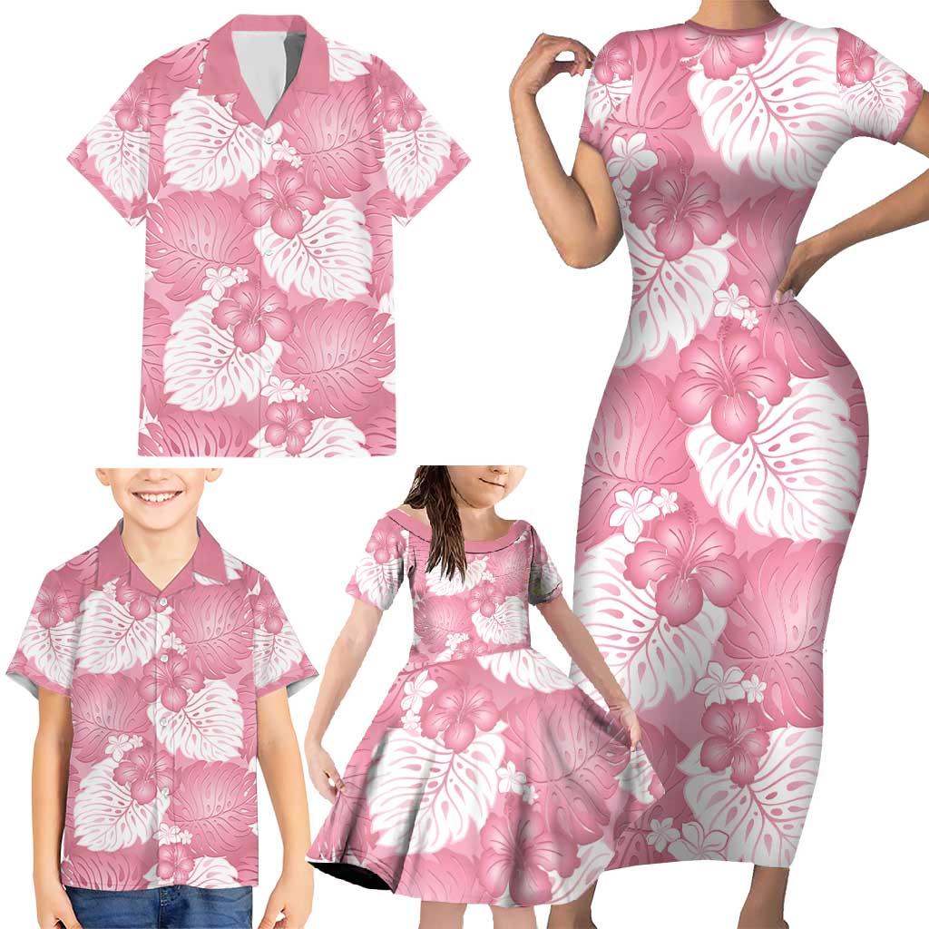 Pink Aloha Hawaii Family Matching Short Sleeve Bodycon Dress and Hawaiian Shirt Monstera Hibiscus Plumeria Seamless Vibes - Polynesian Pride