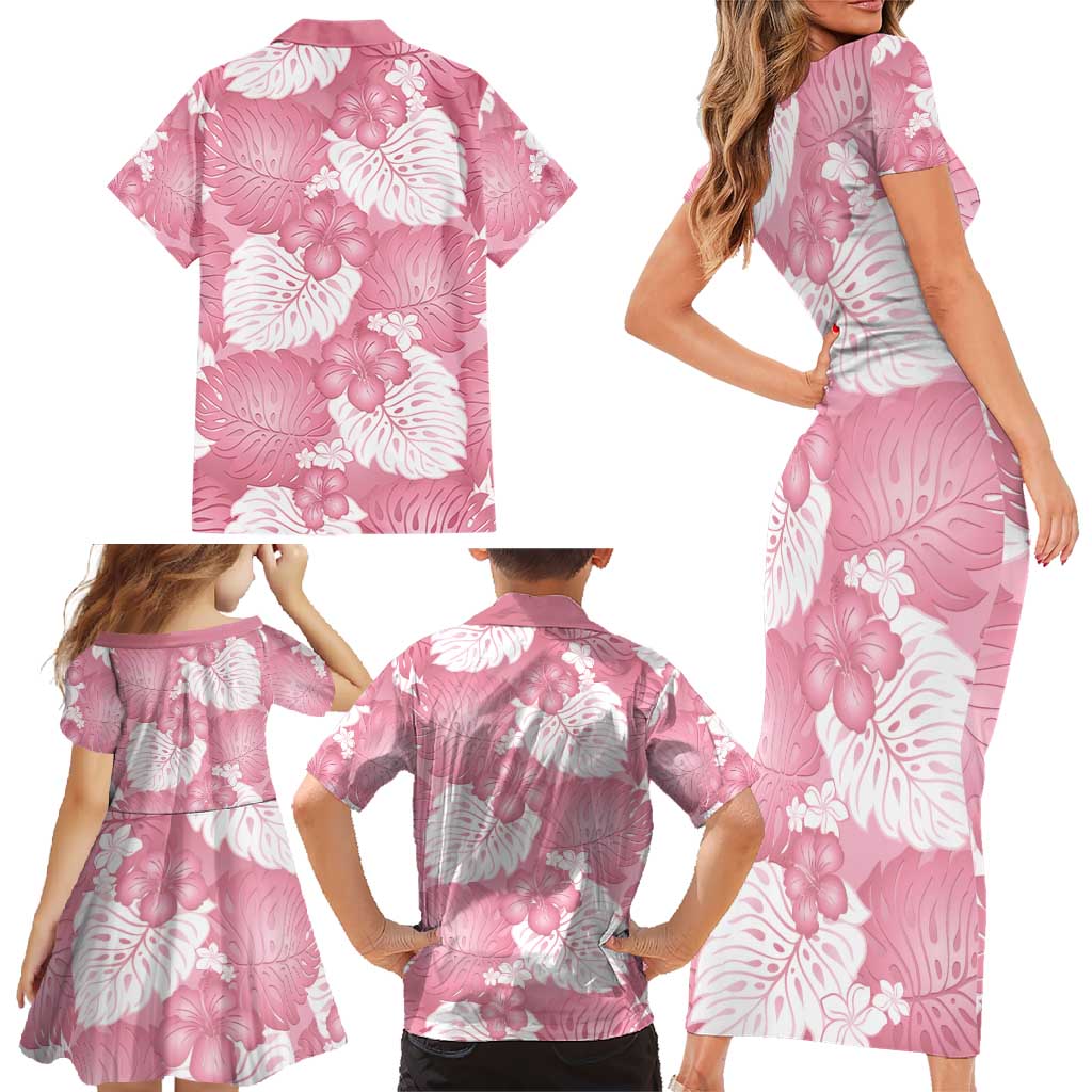 Pink Aloha Hawaii Family Matching Short Sleeve Bodycon Dress and Hawaiian Shirt Monstera Hibiscus Plumeria Seamless Vibes LT14 - Polynesian Pride