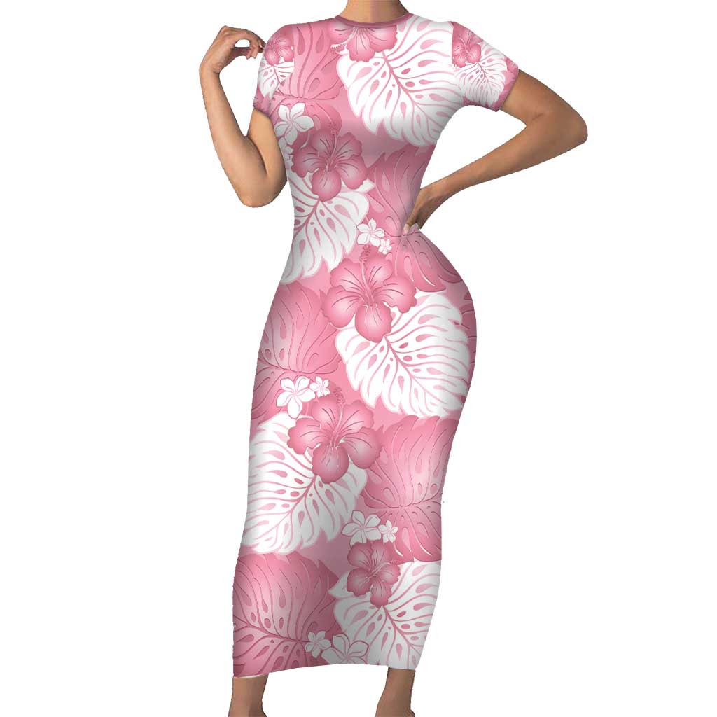 Pink Aloha Hawaii Family Matching Short Sleeve Bodycon Dress and Hawaiian Shirt Monstera Hibiscus Plumeria Seamless Vibes LT14 Mom's Dress Pink - Polynesian Pride