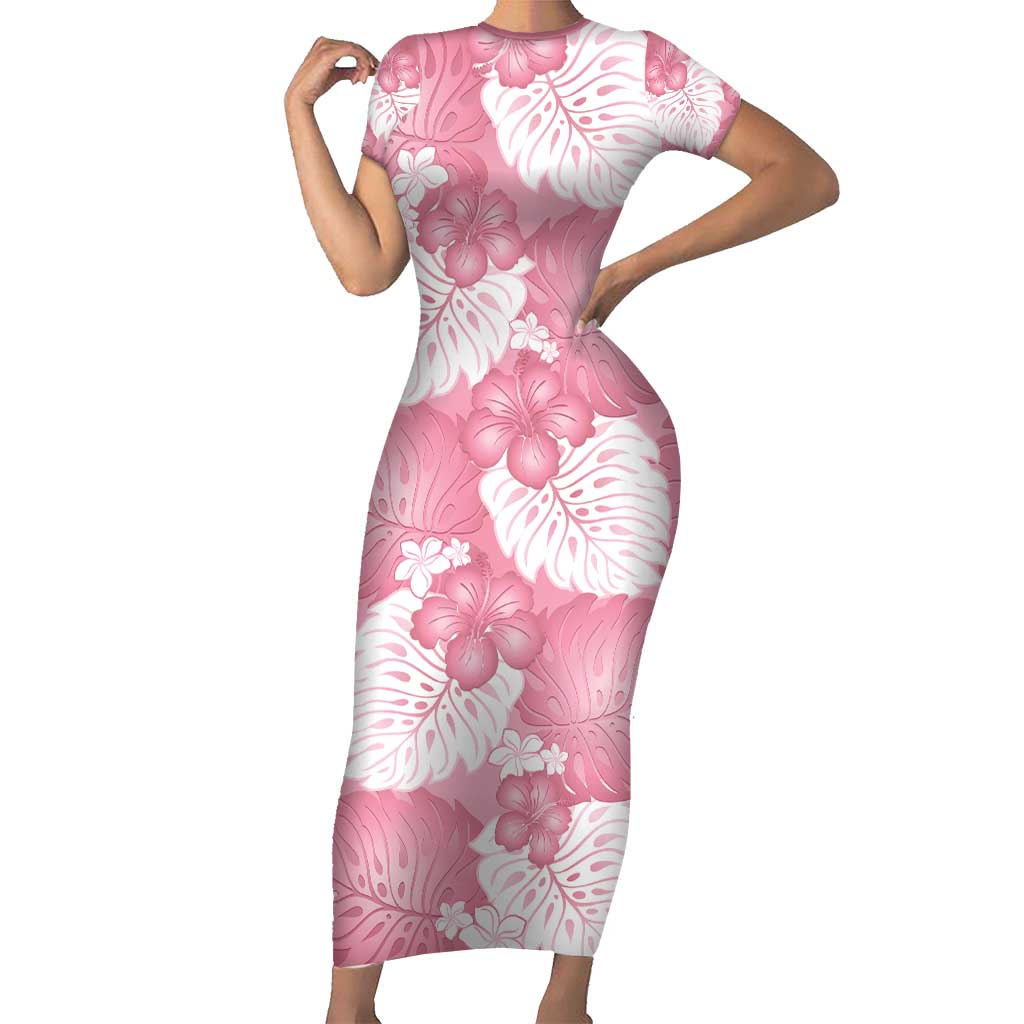 Pink Aloha Hawaii Short Sleeve Bodycon Dress Monstera Hibiscus Plumeria Seamless Vibes - Polynesian Pride